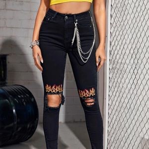 High Waisted Flame Embroidery Knee Rip Skinny Jeans